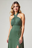 Halter A Line Chiffon Eucalyptus Bridesmaid Dress with Slit