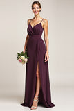 A Line Ruched Purple Bridesmaid Dress with Slit