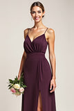 A Line Ruched Purple Bridesmaid Dress with Slit