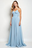 Sky Blue Spaghetti Straps Ruched A Line Bridesmaid Dress