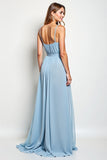 Sky Blue Spaghetti Straps Ruched A Line Bridesmaid Dress