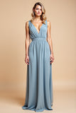 Dusty Blue Deep V Neck Chiffon A Line Bridesmaid Dress