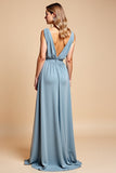 Dusty Blue Deep V Neck Chiffon A Line Bridesmaid Dress