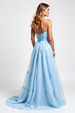 Sky Blue Tiered A Line Spaghetti Straps Bridesmaid Dress