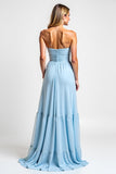 Strapless Ruched Tiered A Line Sky Blue Bridesmaid Dress