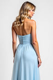 Strapless Ruched Tiered A Line Sky Blue Bridesmaid Dress