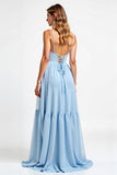 A Line Spaghetti Straps Chiffon Sky Blue Bridesmaid Dress