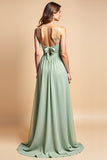 Dusty Sage Long Chiffon A Line Spaghetti Straps Bridesmaid Dress with Slit