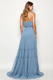 Dusty Blue Chiffon Long A Line Spaghetti Straps Long Bridesmaid Dress