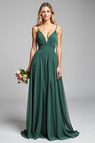 Chiffon Dark Green Spaghetti Straps A Line Long Bridesmaid Dress