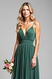 Chiffon Dark Green Spaghetti Straps A Line Long Bridesmaid Dress