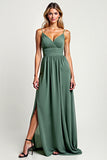 Eucalyptus A Line Chiffon Spaghetii Straps Long Bridesmaid Dress with Slit