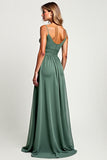 Eucalyptus A Line Chiffon Spaghetii Straps Long Bridesmaid Dress with Slit