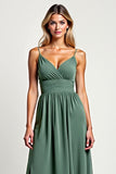 Eucalyptus A Line Chiffon Spaghetii Straps Long Bridesmaid Dress with Slit