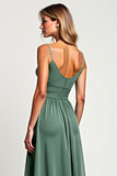 Eucalyptus A Line Chiffon Spaghetii Straps Long Bridesmaid Dress with Slit