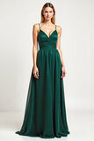 Pine Satin Spaghetti Straps Long Bridesmaid Dress