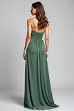 Eucalyptus A Line Spaghetti Straps Ruched Bridesmaid Dress with Slit