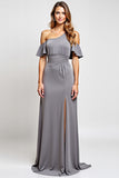 Off The Shoulder Grey Ruffled Sheath Bridesmaid Dress