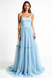 A Line Sky Blue Spaghetti Straps Chiffon Ruched Bridesmaid Dress