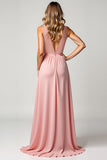 A Line Blush Pink Deep V-Neck Chiffon Bridesmaid Dress