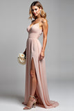 A Line Spaghetti Straps Dusty Rose Long Bridesmaid Dress