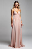 A Line Spaghetti Straps Dusty Rose Long Bridesmaid Dress