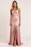 Blush A Line Spaghetti Straps Ruched Long Bridesmaid Dress with Slit