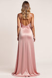 Blush A Line Spaghetti Straps Ruched Long Bridesmaid Dress with Slit