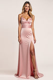 Blush A Line Spaghetti Straps Ruched Long Bridesmaid Dress with Slit