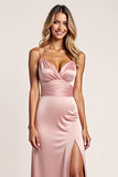 Blush A Line Spaghetti Straps Ruched Long Bridesmaid Dress with Slit