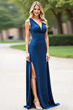 Blue Spaghetti Straps Satin A Line Long Bridesmaid Dress