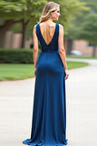 Blue Spaghetti Straps Satin A Line Long Bridesmaid Dress