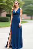 Blue Spaghetti Straps Satin A Line Long Bridesmaid Dress