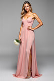 A Line Spaghetti Straps Pleated Blush Long Bridesmaid Dress