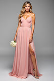 A Line Spaghetti Straps Pleated Blush Long Bridesmaid Dress