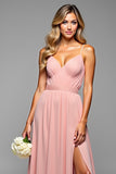 A Line Spaghetti Straps Pleated Blush Long Bridesmaid Dress