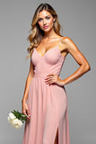 A Line Spaghetti Straps Pleated Blush Long Bridesmaid Dress