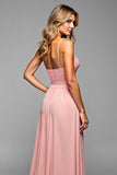 A Line Spaghetti Straps Pleated Blush Long Bridesmaid Dress