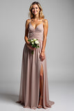 A Line Spaghetti Straps Dusty Rose Ruched Long Bridesmaid Dress