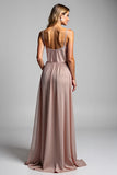 A Line Spaghetti Straps Dusty Rose Ruched Long Bridesmaid Dress