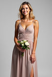 A Line Spaghetti Straps Dusty Rose Ruched Long Bridesmaid Dress