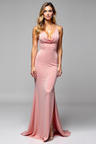 Mermaid Blush Spaghetti Straps Ruched Long Bridesmaid Dress with Slit