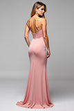 Mermaid Blush Spaghetti Straps Ruched Long Bridesmaid Dress with Slit