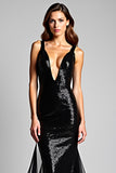 Mermaid Deep V-Neck Black Tie Dress with Slit