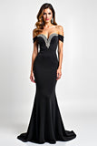 Off The Shoulder Mermaid Sequin Black Tie Dress