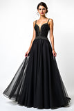 A Line Spaghetti Straps Sequin Ruched Black Tie Dress