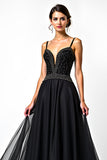 A Line Spaghetti Straps Sequin Ruched Black Tie Dress