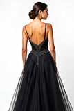 A Line Spaghetti Straps Sequin Ruched Black Tie Dress