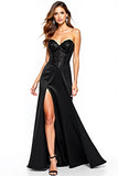 Mermaid Strapless Corset Black Tie Dress With Slit