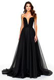 Sparkly A Line Strapless Ruched Black Tie Dress